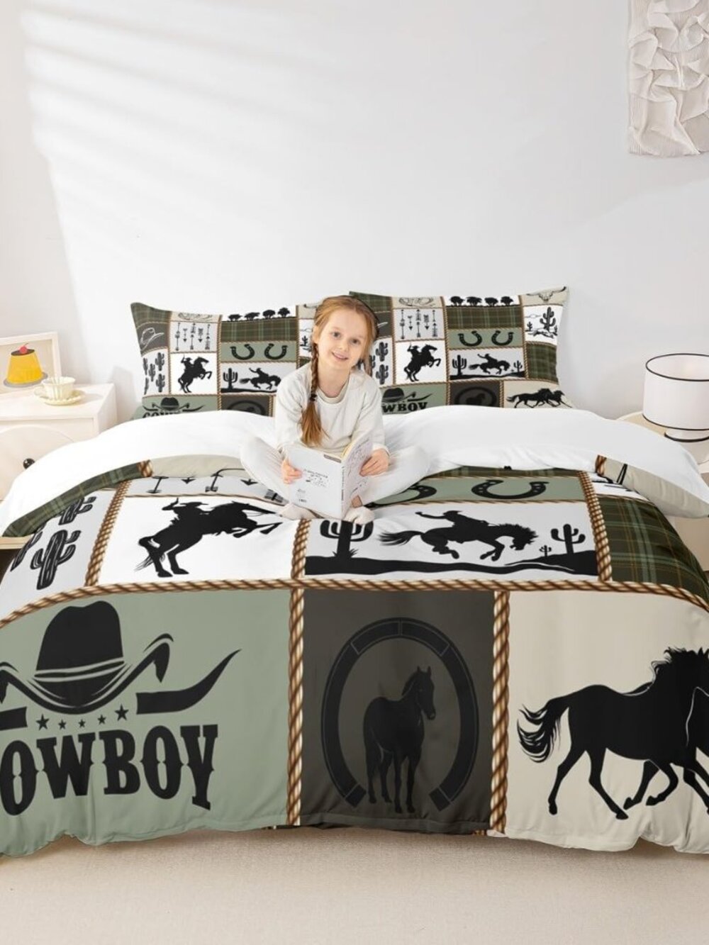 Western Cowboy Kids Duvet Cover Set Queen Size,Cactus Arrow Geometric Plaids